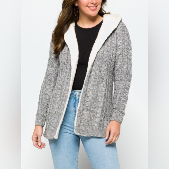 Lety & Me Sweaters - Let & Me Helsa Sherpa Trim Gray Women's Hooded Cardigan